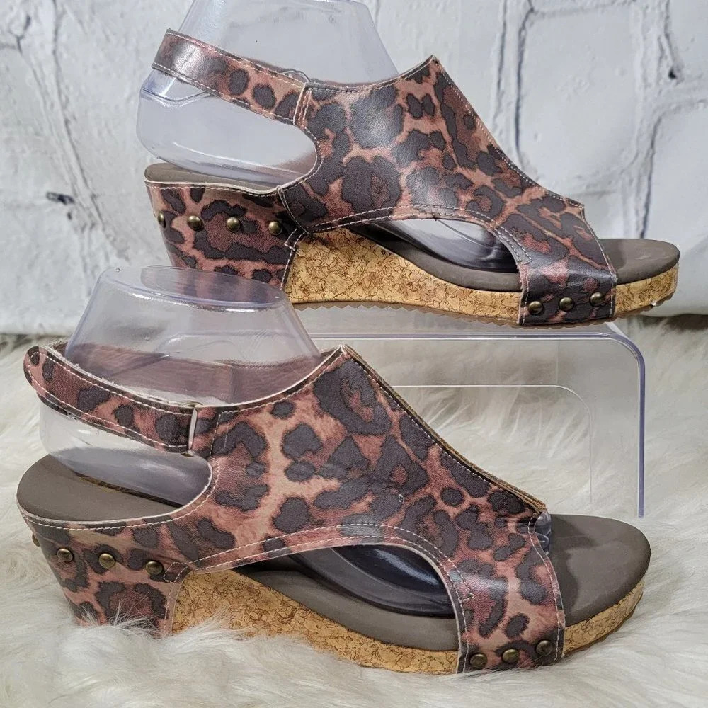 Jolimall Womens 9 Leopard Print Brown Wedge Summer Sandals Casual Comfy‎ Padded